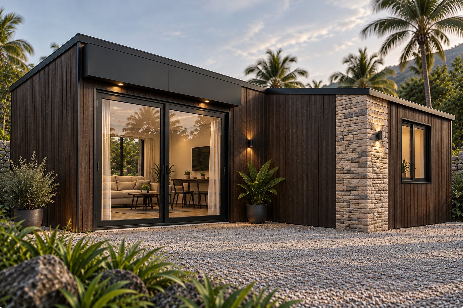 Modèle 02, façade avec baie vitrée et angle en pierre