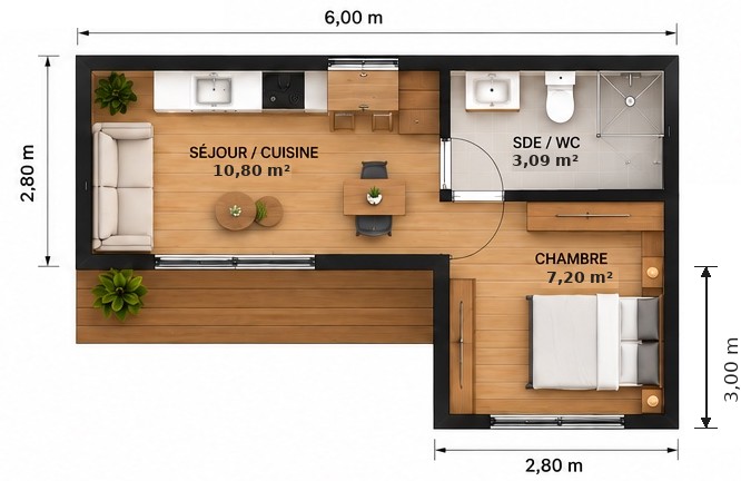 Plan 2D du Modèle 02 : séjour, salle d’eau avec WC et chambre, dimensions extérieures 6,00 × 2,80 m et 2,80 × 3,00 m
